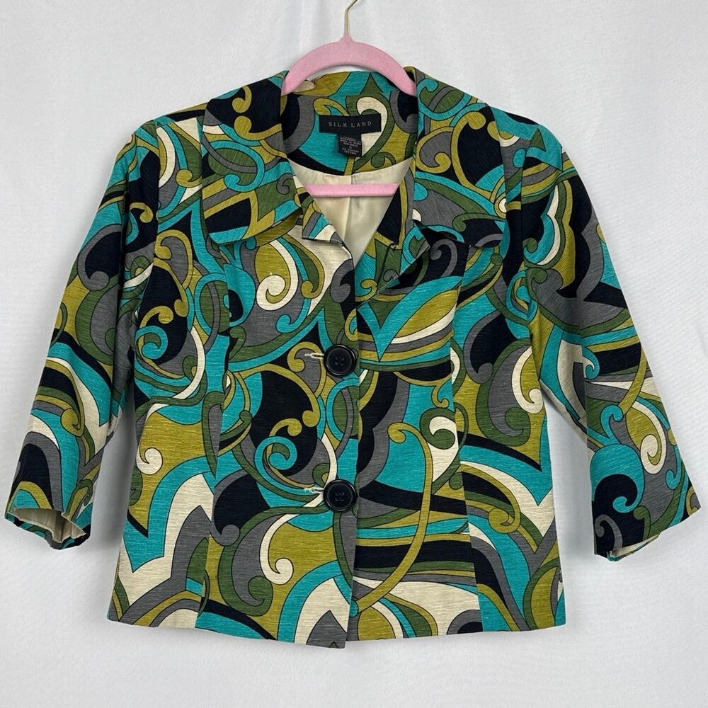 Silk Land Womens Silk Abstract Print Blazer Size S Teal Green Retro Quiet Luxury